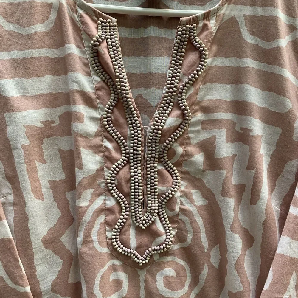 Soft Surroundings Pink White Tribal Top Tunic Cover Up Beaded Hook Closure Large - Picture 2 of 8